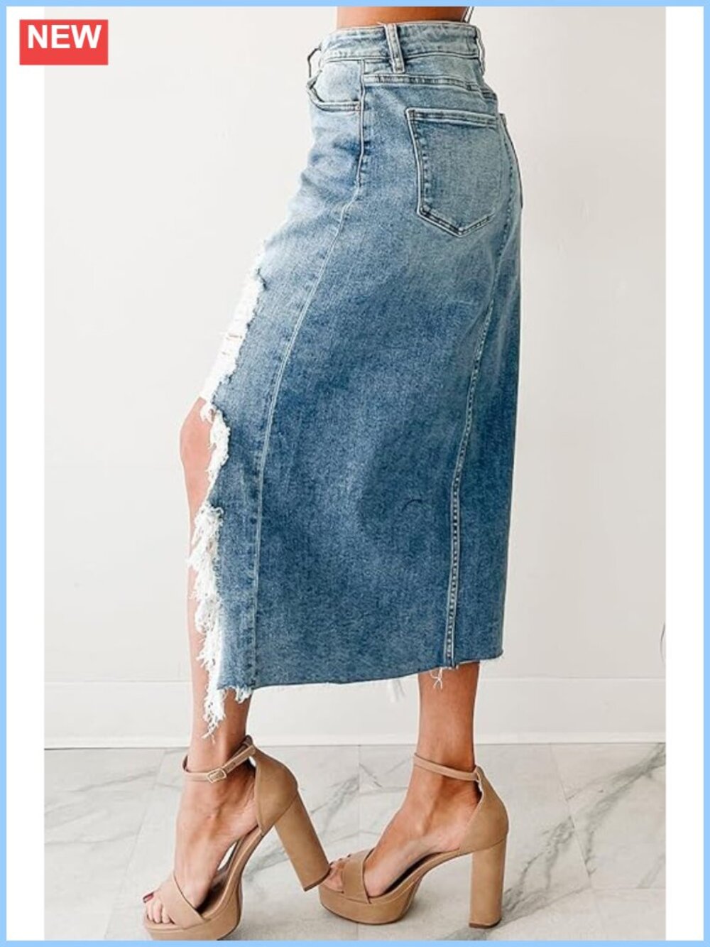 Ripped Distressed Stretch Denim Maxi Skirt High Low Hem Bodycon - Picture 4 of 6